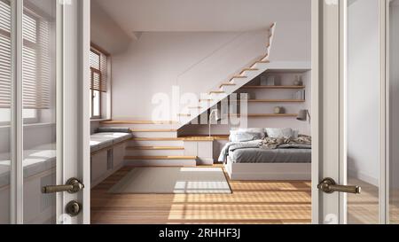 Classic white glass door opening on white japandi bedroom with bed and staircase. Parquet floor, welcome home concept, interior design idea Stock Photo