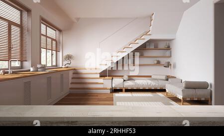 Wooden vintage table top or shelf closeup, zen mood, over minimal living room and kitchen, japandi architecture interior design Stock Photo