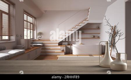 Wooden table top or shelf with minimalistic modern vases over japandi wooden bathroom with staircase in modern style, contemporary architecture interi Stock Photo