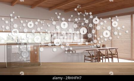 Tablet wireless with smart home app on wooden table, geometric background with connected line and dots showing internet of things system, home automat Stock Photo