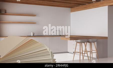 Color palette close up sample. Paint selection catalog over interior design scene, modern minimalist kitchen with island and stools in contemporary ap Stock Photo