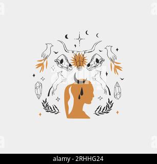 Hand drawn vector abstract,graphic magic witch woman,moon phases and stars in minimalistic modern line art style illustration.Moon and star outline Stock Vector