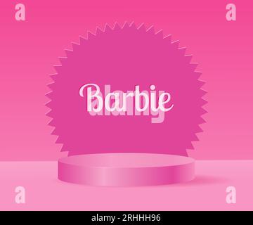 August 2023. Barbie doll. Barbie inscription on a pink background with 3d podium. Editorial. Vector Stock Vector