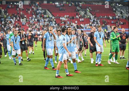 Piraeus, Lombardy, Greece. 17th Aug, 2023. Manchester City after winning the UEFA Super Cup match between Manchester City and Sevilla FC at Georgios Karaiskakis Stadium on August 16, 2023, in Piraeus, Greece. (Credit Image: © Stefanos Kyriazis/ZUMA Press Wire) EDITORIAL USAGE ONLY! Not for Commercial USAGE! Stock Photo
