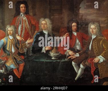 An 18th century group portrait of the Dublin Hellfire Club by James Worsdale (1692-1767), an Irish and English portrait painter. The club met on Mountpelier Hill in the Dublin Mountains, originally constructed as a hunting lodge in 1725. The Hell Fire Club was an informal body, about whom many myths were created especially around the old lodge. Most of the stories involved satanic rites and general debauchery, and a chair left vacant at each gathering for the Devil.... Stock Photo