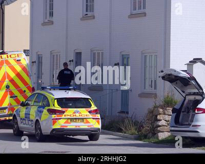 Several Police officers accompanied by sniffer dog are seen making a forced an entry to a house located on  Stret Kosti Veur Woles. This location is in the King Charles project model village on the outskirts of Newquay. An eye witness reported the front door was broken down to gain access. A number of individuals were seen being escorted by police officers. Devon and Cornwall Police make a drug related raid. Nansledan  Cornwall  UK. 17th August 2023. Robert Taylor Stock Photo