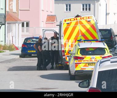 Several Police officers accompanied by sniffer dog are seen making a forced an entry to a house located on  Stret Kosti Veur Woles. This location is in the King Charles project model village on the outskirts of Newquay. An eye witness reported the front door was broken down to gain access. A number of individuals were seen being escorted by police officers. Devon and Cornwall Police make a drug related raid. Nansledan  Cornwall  UK. 17th August 2023. Robert Taylor Stock Photo