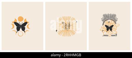 Hand drawn vector abstract graphic illustrations celestial design concept with logo magic line silhouette set of mystic flying butterfly,moth,sun and Stock Vector