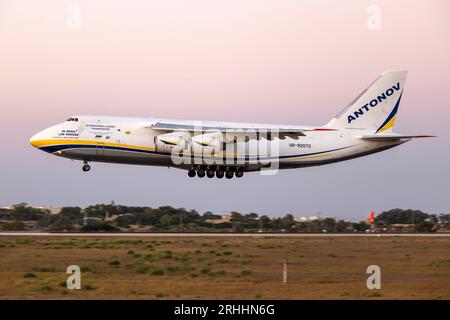 Antonov Design Bureau Antonov An-124-100 Ruslan (REG: UR-82072) landing runway 31 just after sunset. Stock Photo