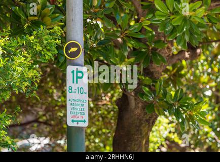 A one hour parking sign in Elizabeth Bay, Sydney, Australia mounted below a small fish symbol of the Bondi to Manly (80km) walk Stock Photo