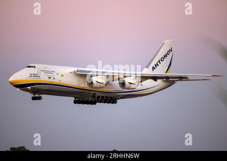 Antonov Design Bureau Antonov An-124-100 Ruslan (REG: UR-82072) landing runway 31 just after sunset. Stock Photo