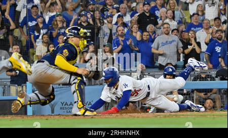 Los Angeles, United States. 16th Aug, 2023. Los Angeles Dodgers Mookie Betts scores against the Milwaukee Brewers during the sixth inning at Dodger Stadium in Los Angeles on Wednesday August 16, 2023. Photo by Jim Ruymen/UPI Credit: UPI/Alamy Live News Stock Photo