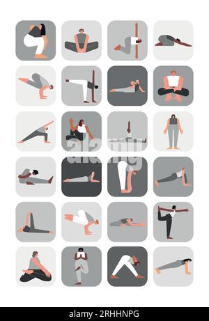 Vector illustration set for sticker pack with yoga poses. Flat monochrome collection on vertical A4 poster with asian, african and caucasian women mak Stock Vector