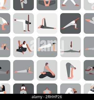 Vector seamless pattern yoga poses in grey colors. Flat monochrome illustrated collection on square shape with hispanic, african and caucasian women m Stock Vector
