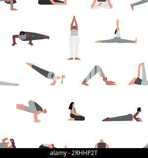 Vector seamless pattern with fitness poses. Flat monochrome isolated collection with hiispanic, african, asain and european women making yoga exercise Stock Vector