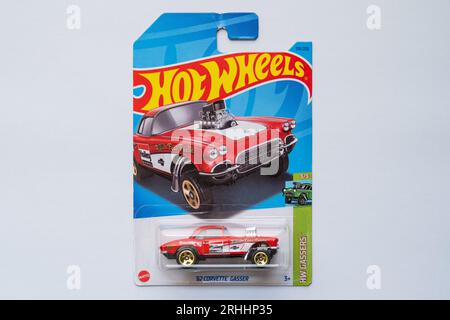 Doha, Qatar - August 17, 2023: Pack of Hot Wheels die cast carded car model for Hot Wheels series. Hot Wheels is a scale die-cast toy cars by American Stock Photo