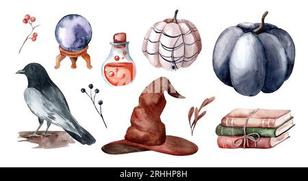 Set of hand drawn magical elements isolated on white background. Pumpkins, candles, crows and magical symbols. Illustration for Halloween decoration. Stock Photo