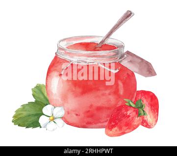 Glass jar with strawberry jam. Watercolor hand drawn illustration isolated on white background Stock Photo