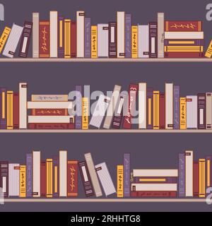 Bookshelves, library, cartoon style seamless pattern. Concept for lovers of reading. For wallpaper, printing on fabric, packaging, background. Stock Vector