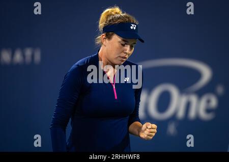 Linda Noskova of the Czech Republic in action during the first round of the 2023 Western & Southern Open, WTA 1000 tennis tournament on August 15, 2023 in Cincinnati, United States Stock Photo