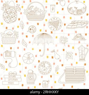 Seamless pattern with cozy autumn picnic elements. Simple line shape books, cup, teapot, umbrella, blanket, baskets for textile, package, cover. Stock Vector