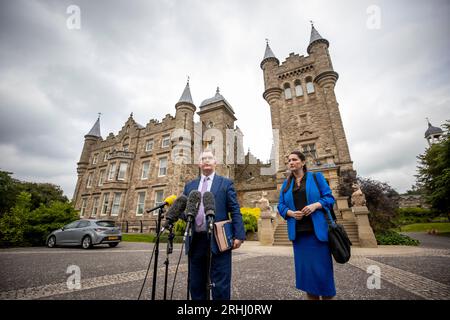 Democratic Unionist Party (DUP) leader Sir Jeffrey Donaldson and MLA Emma Little-Pengelly speaking to the media following a meeting with the head of the Northern Ireland Civil Service, Jayne Brady, at Stormont Castle in Belfast. Picture date: Thursday August 17, 2023. Stock Photo