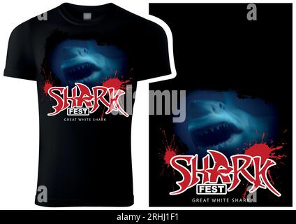 Black T-shirt Print with the Motif of a Great White Shark Stock Vector