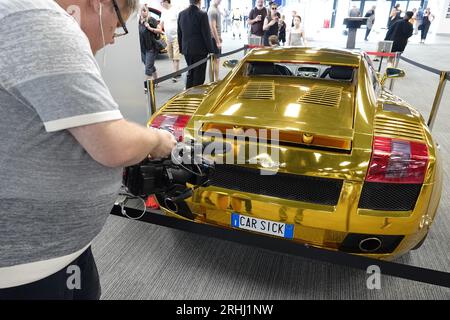 Farnborough, Hants, UK. 17th Aug, 2023. Scenes on the first day of the British Motor Show on Farnborough International Airport - OPS: The famous 2003 Lamborgihini Gallardo star of the iconic movie'Fast and Furious' on display in the exhibition foyer. Credit: Motofoto/Alamy Live News Stock Photo