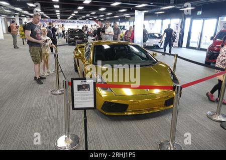 Farnborough, Hants, UK. 17th Aug, 2023. Scenes on the first day of the British Motor Show on Farnborough International Airport - OPS: The famous 2003 Lamborgihini Gallardo star of the iconic movie'Fast and Furious' on display in the exhibition foyer. Credit: Motofoto/Alamy Live News Stock Photo