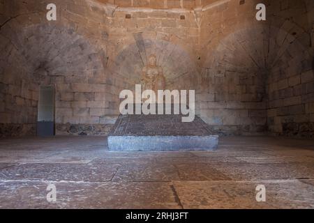 Beja, Portugal - Jul 27th, 2023: Statue of Goncalo Mendes da Maia and tombstone of Afonso Vaz Viegas, Beja Castle. Most emblematic monument of the cit Stock Photo