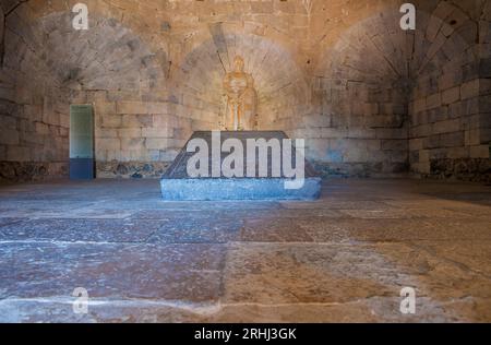 Beja, Portugal - Jul 27th, 2023: Statue of Goncalo Mendes da Maia and tombstone of Afonso Vaz Viegas, Beja Castle. Most emblematic monument of the cit Stock Photo