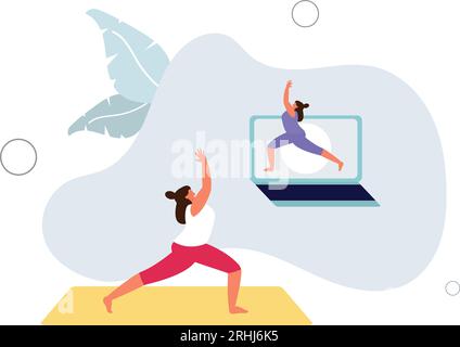 Girl practicing yoga with a coach online.flat vector illustration. Stock Vector