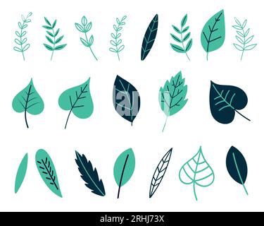 Green leaves in flat style isolated on white background. Tropical green leaves and plants collection. green leaf icons set. suitable for Wedding Stock Vector
