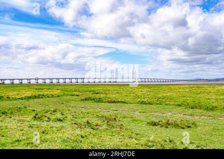 The Prince of Wales Bridge or Second Severn Crossing from Northwick Warth salt marshes on the English bank of the River Severn Gloucestershire UK Stock Photo