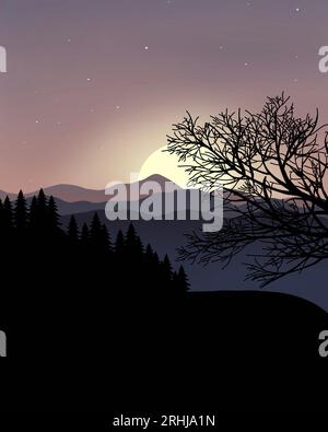 Cartoon Drawing of the sun rising in the Mountains on a crisp, cool morning. Stock Photo