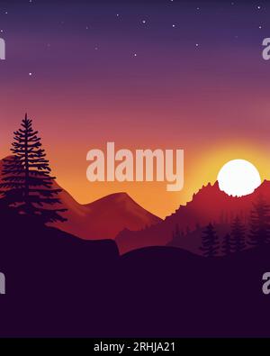 Cartoon Drawing of the sun rising in the Mountains on a crisp, cool morning. Stock Photo