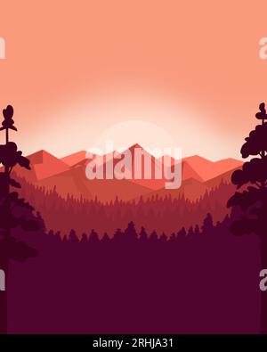 Cartoon Drawing of the sun rising in the Mountains on a crisp, cool morning. Stock Photo