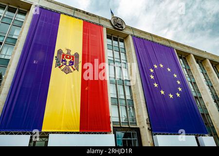 Large flags of Moldova and the European Union on the building of the ...