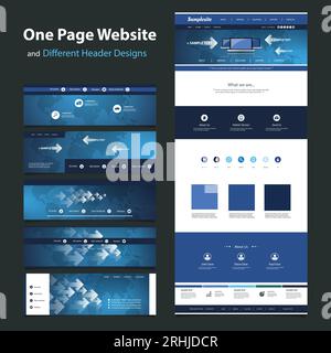One Page Website Design Template and Different Headers Stock Vector