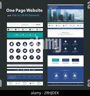 One Page Website Design Template and Flat UI, UX Elements Stock Vector