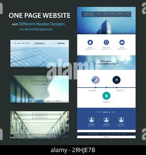 One Page Website Template and Different Header Designs with Blurred Backgrounds Stock Vector