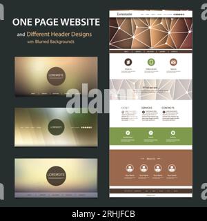 One Page Website Template and Different Header Designs with Blurred Backgrounds Stock Vector