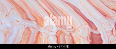 Abstract fluid art background light red and golden glitter colors. Liquid marble. Acrylic painting on canvas with white gradient and splash. Watercolo Stock Photo