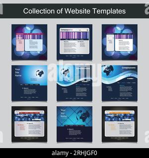 Collection of Website Templates for Your Business - Nine Nice and Simple Design Templates with Different Patterns and Header Designs Stock Vector
