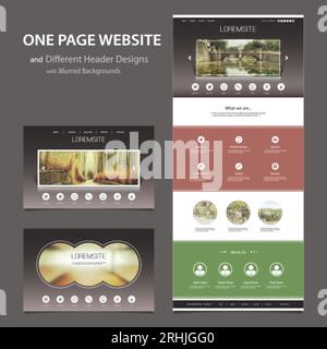 One Page Website Template and Different Header Designs with Blurred Backgrounds Stock Vector