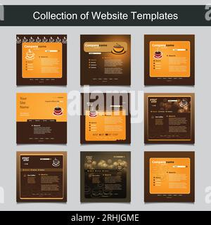 Collection of Website Templates for Your Business - Nine Nice and Simple Design Templates with Different Patterns and Header Designs - Coffee Shop, Ca Stock Vector