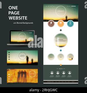 One Page Website Template and Different Header Designs with Blurred Backgrounds Stock Vector