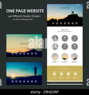 One Page Website Template and Different Header Designs with Blurred Backgrounds Stock Vector