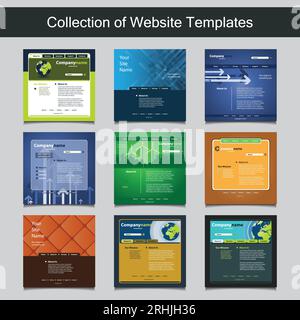 Collection of Website Templates for Your Business - Nine Nice and Simple Design Templates with Different Patterns and Header Designs - Green, Eco, Bus Stock Vector
