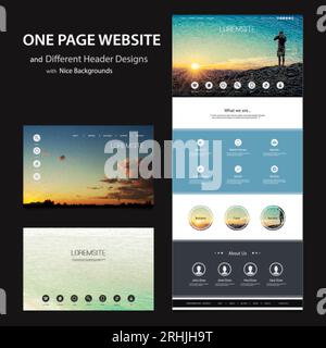 One Page Website Template and Different Header Designs Stock Vector